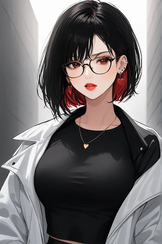 One woman ,wolf cut hairstyle ,red lipstick,black glasses,sharp jawline,face makeup,mole under right eye, heart earrings ,dark red eyes,black crop top,black pants,white jacket