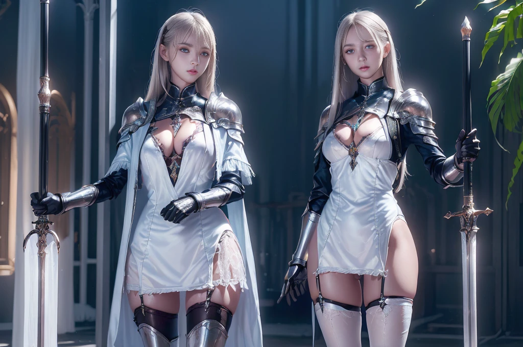 Top quality, masterpiece, very high resolution, (photorealistic: 1.4), Raw photo, 2 girls, long straight blond hair cut in a bob, light blue eyes, (beautiful breasts）、shiny skin、(( (beautiful detailed European faces)))、With a beautiful sword and shield、gorgeous and resplendent luminous girls,（Beautiful silver sexy armor、(((Random straight hair))),(((beautiful legs))), (proportionate breasts ), Seductive look, ((Background of beautiful decaying dungeon ruins)), (Ultimate beauty), (Detailed and realistic beauty face), ((see pantie)), ((apparent pussy)), (Small LED), ((Super realistic details)), portlate, global lighting, Shadow, octane rendering, 8k, ultra-sharp, exposed raw skin in neckline, metals, Intricate ornament details, very intricate details, Lightweight and realistic (Mystical expression), CGSoation trend, bright eyes, Facing the camera), Gundam, Small LED.

