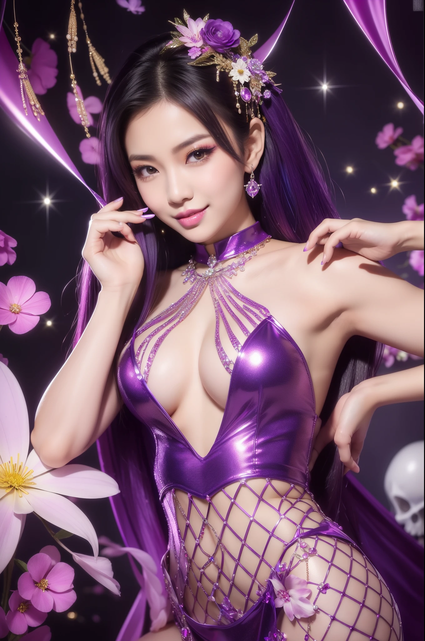 sexy Thai model who controls poison、beautiful smile、lipgloss、intense makeup、look at the camera、full body Esbian、、sparkling poisoned flower costume (purple)、、、、shiny sparkling multicolor hair、secrete poison、skull hair accessories、fishnet tights、shiny sparkling flowers background