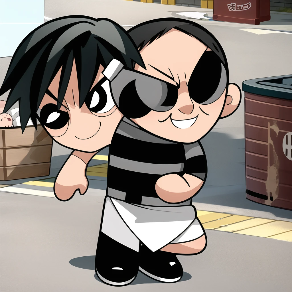 ushiguro toji, muscular male, black shirt, short sleeves, pants, cute smile, full body, chibi, black hair, rubbish bin background, (((Solo)))