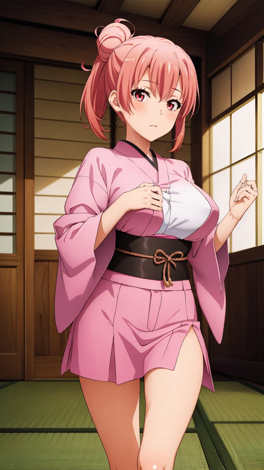 highest quality, High resolution, perfect pixel, Depth of the bounds written, 4k, beautiful anime girl, perfect body,
looking at the viewer,
Yuigahama Yui, 1 girl, short hair, pink hair, hair bun, pink eye,
large breast,
1girl, samurai girl, {holding katana}, standing, young girl,
ponytail hair,
indoor, {Japanese room}, facing the front, cowboy shot, solo focus, from outside, perfect anatomy, intricate, (highly detailed),