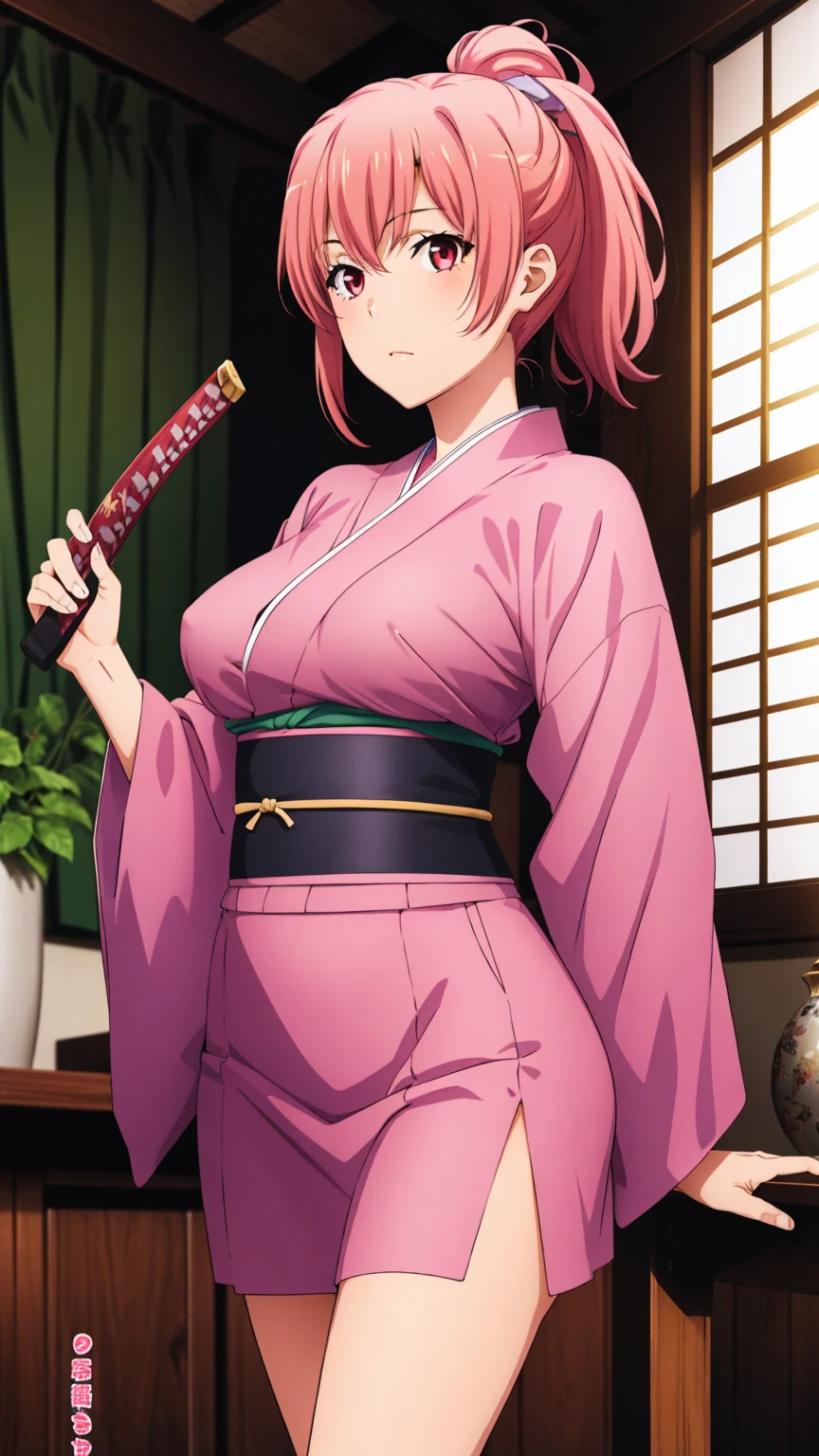 highest quality, High resolution, perfect pixel, Depth of the bounds written, 4k, beautiful anime girl, perfect body, 
looking at the viewer, 
Yuigahama Yui, 1 girl, short hair, pink hair, hair bun, pink eye, 
large breast, 

1girl, samurai girl, {holding katana}, standing, young girl, 
ponytail hair, 
indoor, {Japanese room}, facing the front, cowboy shot, solo focus, from outside, perfect anatomy, intricate, (highly detailed),