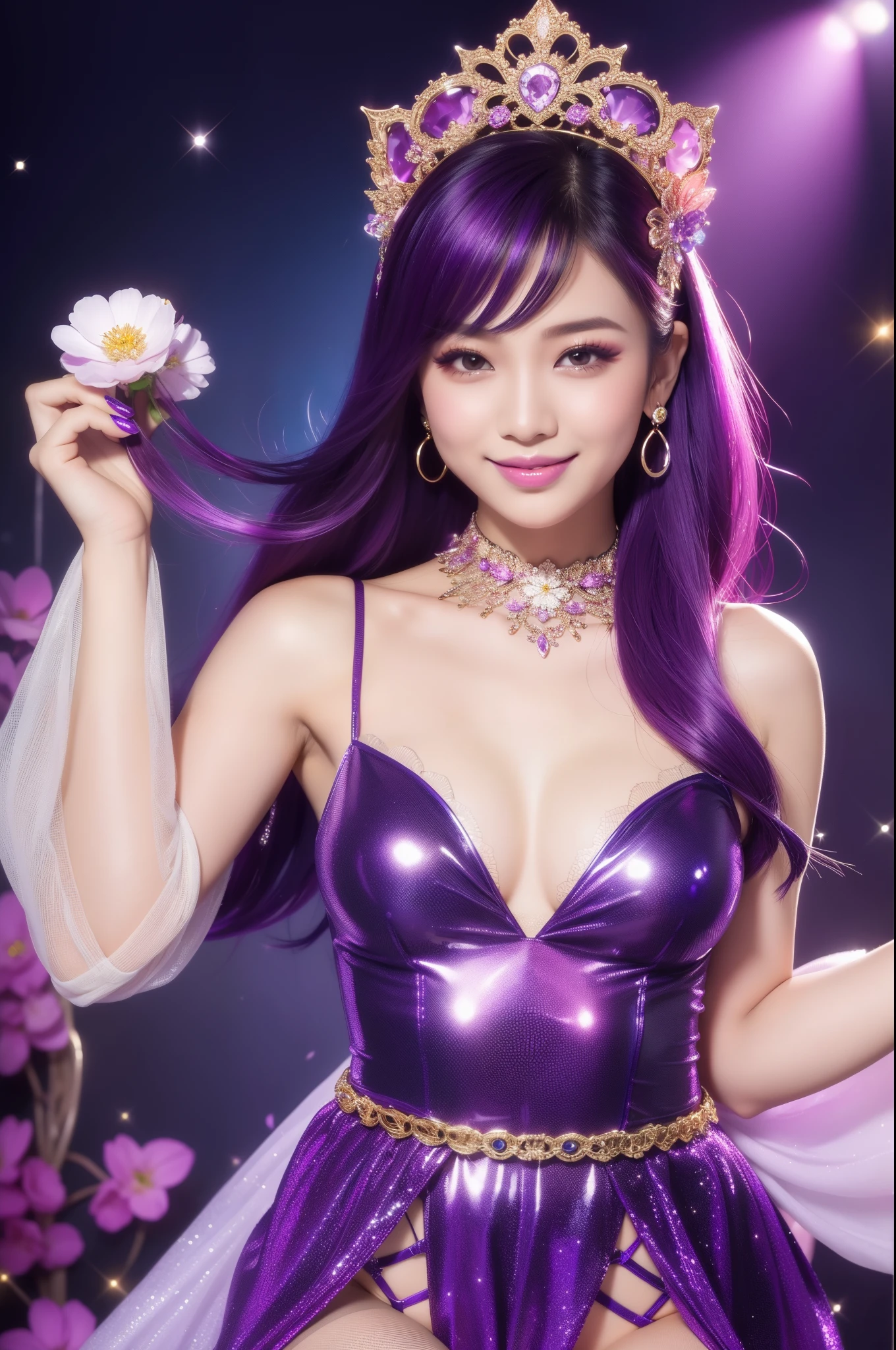 sexy Thai model who controls poison、beautiful smile、lipgloss、intense makeup、look at the camera、full body Esbian、、sparkling poisoned flower costume (purple)、、、、shiny sparkling multicolor hair、secrete poison、skull hair accessories、fishnet tights、shiny sparkling flowers background