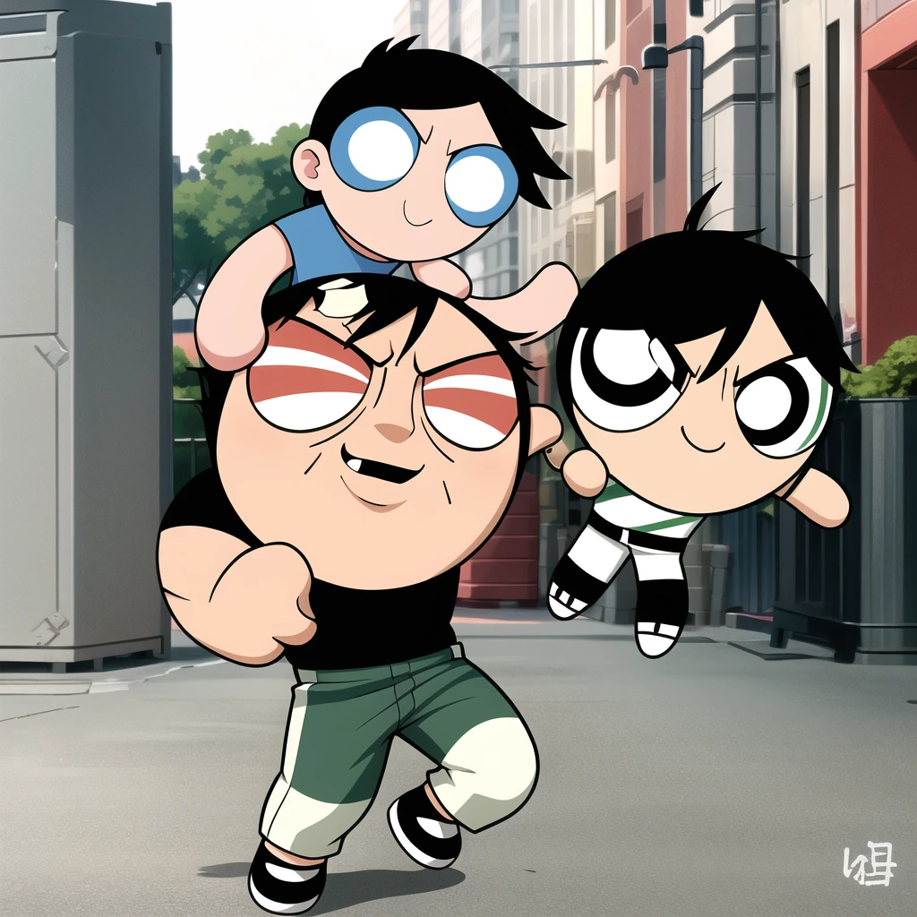 ushiguro toji, muscular male, black shirt, short sleeves, pants, cute smile, full body, chibi, black hair, rubbish bin background, (((Solo)))