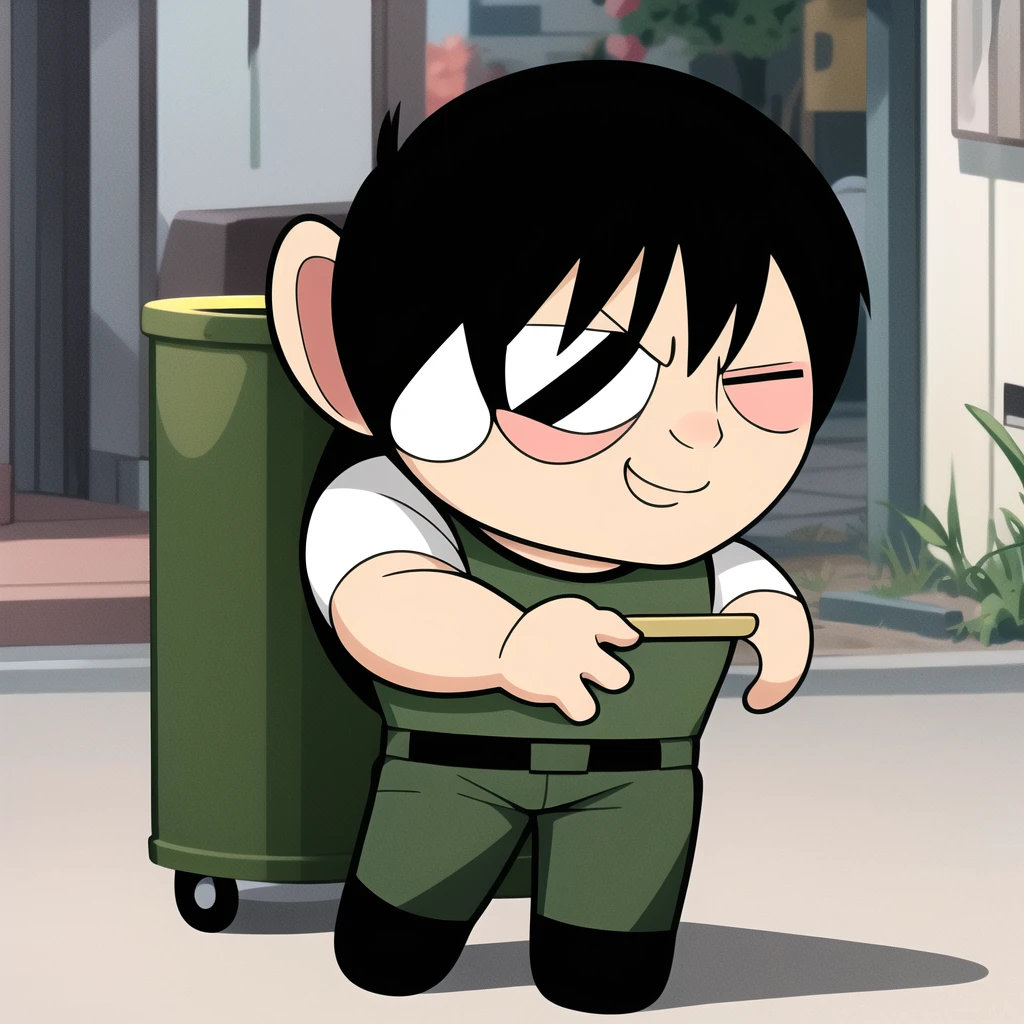 ushiguro toji, muscular male, black shirt, short sleeves, pants, cute smile, full body, chibi, black hair, rubbish bin background, (((Solo)))