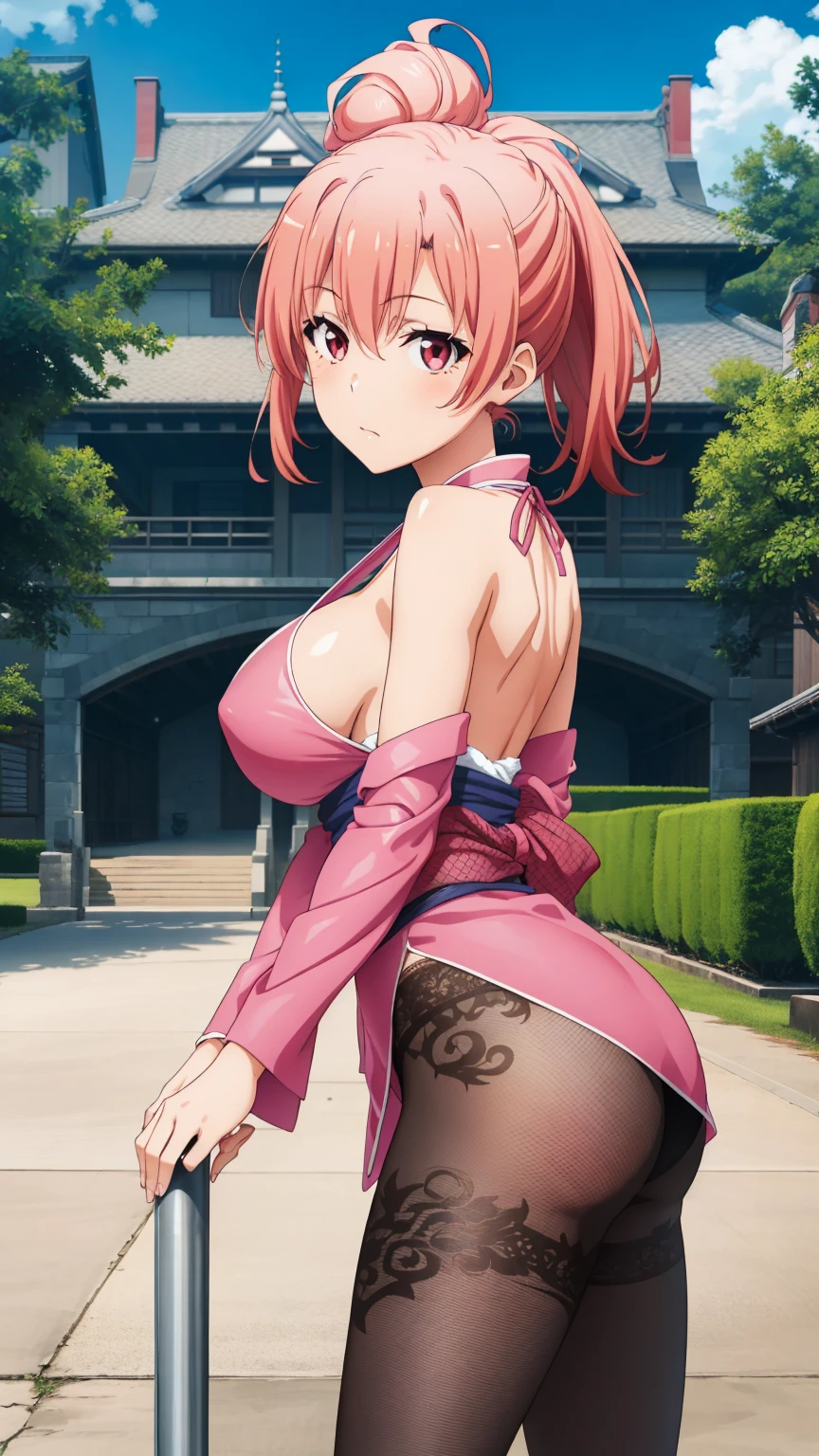 highest quality, High resolution, perfect pixel, Depth of the bounds written, 4k, beautiful anime girl, perfect body,
looking at the viewer,
Yuigahama Yui, 1 girl, short hair, pink hair, hair bun, pink eye,
large breast,
1girl, ninja costume, fishnet tights, standing,
young girl,
ponytail hair,
outdoor, {{Japanese castle}}, facing the front, cowboy shot, solo focus, from outside, perfect face, perfect arms, perfect legs, perfect anatomy, intricate, (highly detailed),