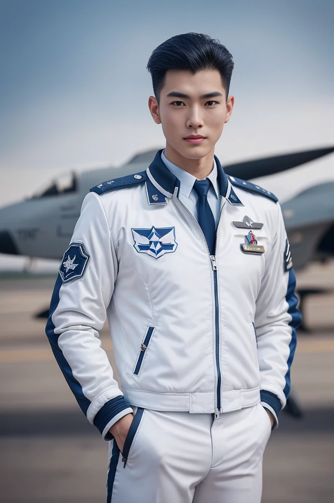 A young korean boy, (detailed air-force pilot uniform:1.5), (white pilot captain jacket:1.3), (white military pants ), full body shoot, detailed clothes, ( air force base runway view background:1.3), looking at viewer, facing the viewer, cinematic light, detailed fingers, Quiff haircut, look at camera, detailed facial parts, Manly, Active, Freestyle Pose, Happy Expression, perfect ???????, symmetric body, 19 years old, high detail, asian, realistic, human skin, Short Hairstyle, handsome chad chin, handsome, masculine, attractive, human skin, (eyes contact), Handsome, Attractive