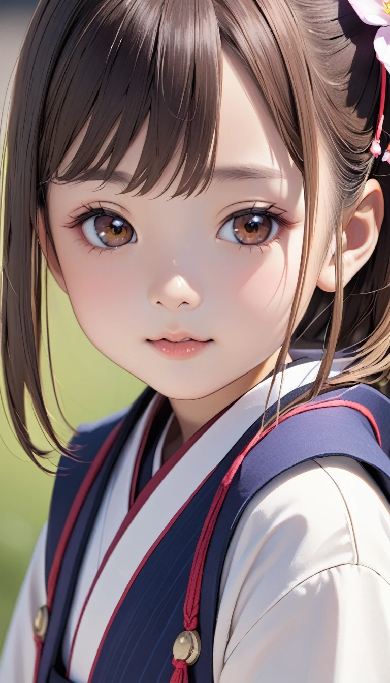 Close-up of 10-year-old Japanese girl's face with pursed lips'Eyes wearing silver-white mirrored lens sunglasses、I looked at the world reflected in the lenses of my sunglasses..(Side Pony,Colorful Hair),