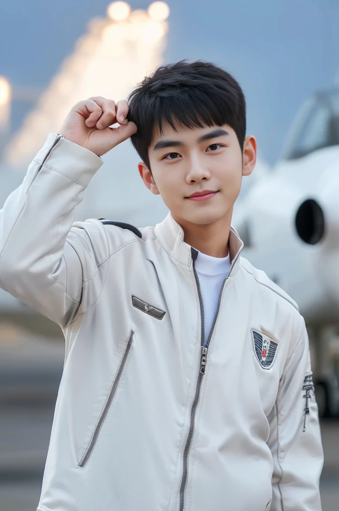 A young korean boy, (detailed air-force pilot uniform:1.5), (white pilot captain jacket:1.3), (white military pants ), full body shoot, detailed clothes, ( air force base runway view background:1.3), looking at viewer, facing the viewer, cinematic light, detailed fingers, Quiff haircut, look at camera, detailed facial parts, Manly, Active, Freestyle Pose, Happy Expression, perfect anatomy, symmetric body, 19 years old, high detail, asian, realistic, human skin, Short Hairstyle, handsome chad chin, handsome, masculine, attractive, human skin, (eyes contact), Handsome, Attractive