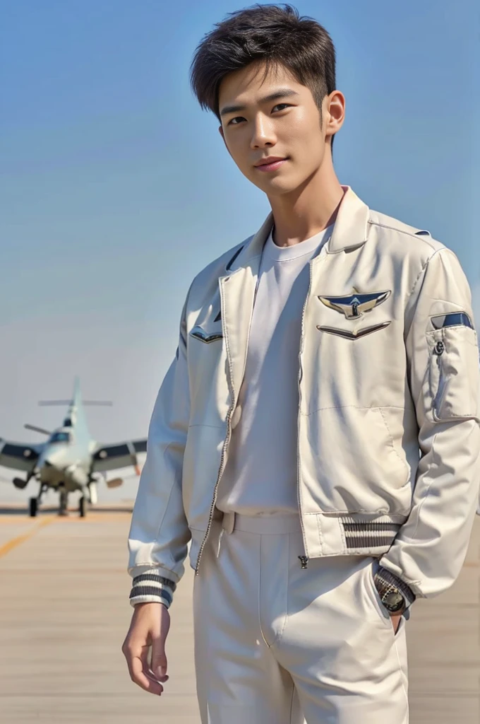 A young korean boy, (detailed air-force pilot uniform:1.5), (white pilot captain jacket:1.3), (white military pants ), full body shoot, detailed clothes, ( air force base runway view background:1.3), looking at viewer, facing the viewer, cinematic light, detailed fingers, Quiff haircut, look at camera, detailed facial parts, Manly, Active, Freestyle Pose, Happy Expression, perfect anatomy, symmetric body, 19 years old, high detail, asian, realistic, human skin, Short Hairstyle, handsome chad chin, handsome, masculine, attractive, human skin, (eyes contact), Handsome, Attractive