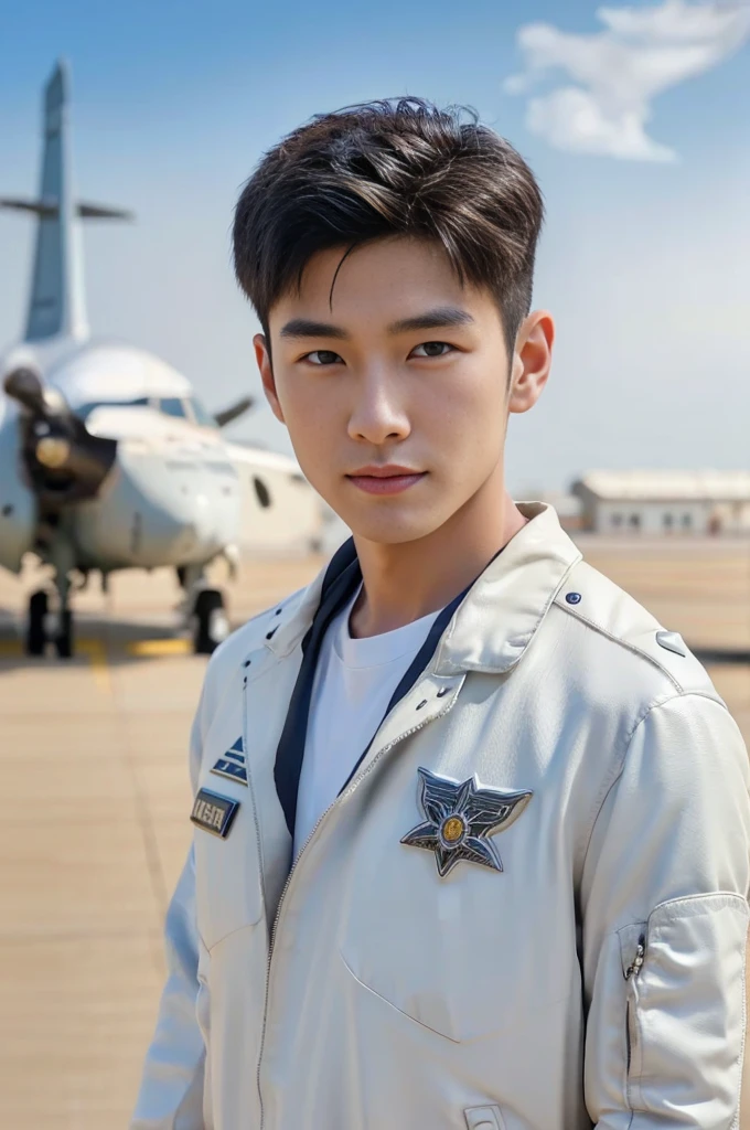 A young korean boy, (detailed air-force pilot uniform:1.5), (white pilot captain jacket:1.3), (white military pants ), full body shoot, detailed clothes, ( air force base runway view background:1.3), looking at viewer, facing the viewer, cinematic light, detailed fingers, Quiff haircut, look at camera, detailed facial parts, Manly, Active, Freestyle Pose, Happy Expression, perfect anatomy, symmetric body, 19 years old, high detail, asian, realistic, human skin, Short Hairstyle, handsome chad chin, handsome, masculine, attractive, human skin, (eyes contact), Handsome, Attractive