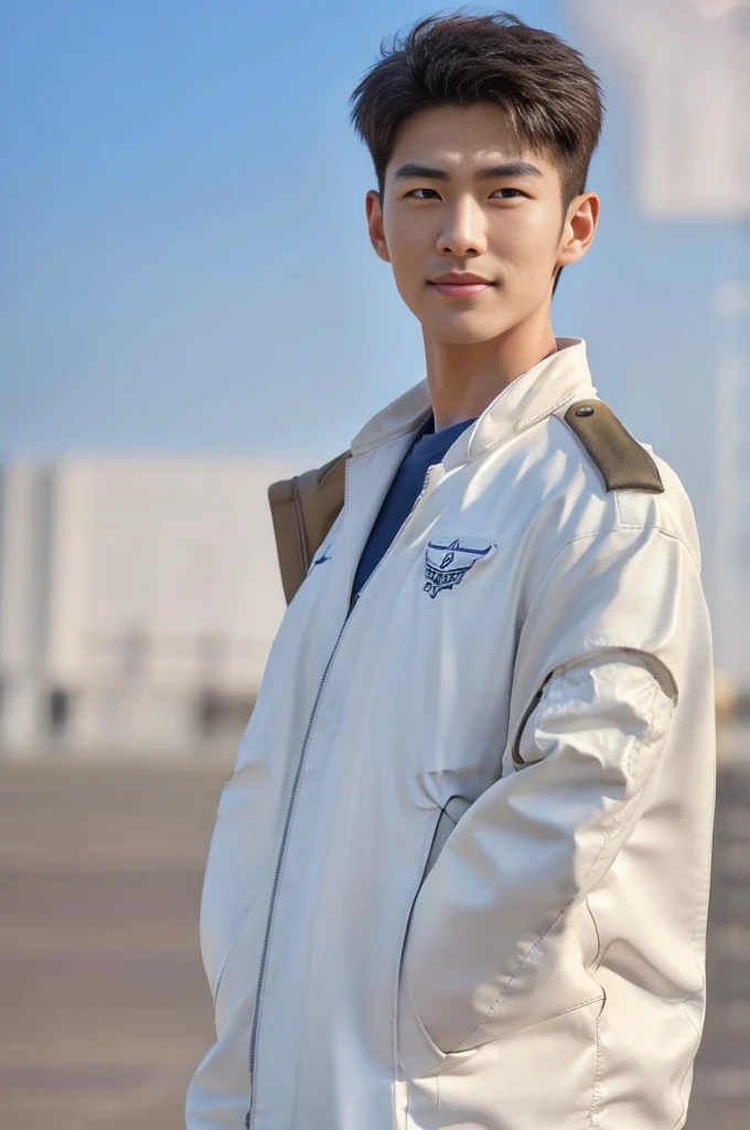 A young korean boy, (detailed air-force pilot uniform:1.5), (white pilot captain jacket:1.3), (white military pants ), full body shoot, detailed clothes, ( air force base runway view background:1.3), looking at viewer, facing the viewer, cinematic light, detailed fingers, Quiff haircut, look at camera, detailed facial parts, Manly, Active, Freestyle Pose, Happy Expression, perfect ???????, symmetric body, 19 years old, high detail, asian, realistic, human skin, Short Hairstyle, handsome chad chin, handsome, masculine, attractive, human skin, (eyes contact), Handsome, Attractive