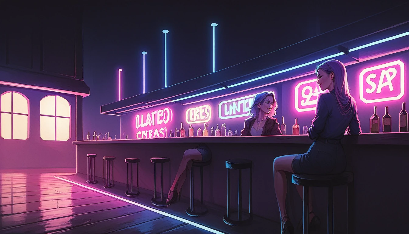 score_9, score_8_up, score_7_up, a picturesque long shot of a bar, neon colors, vintage artstyle, hard lighting, dark composition, blue and purple lights
