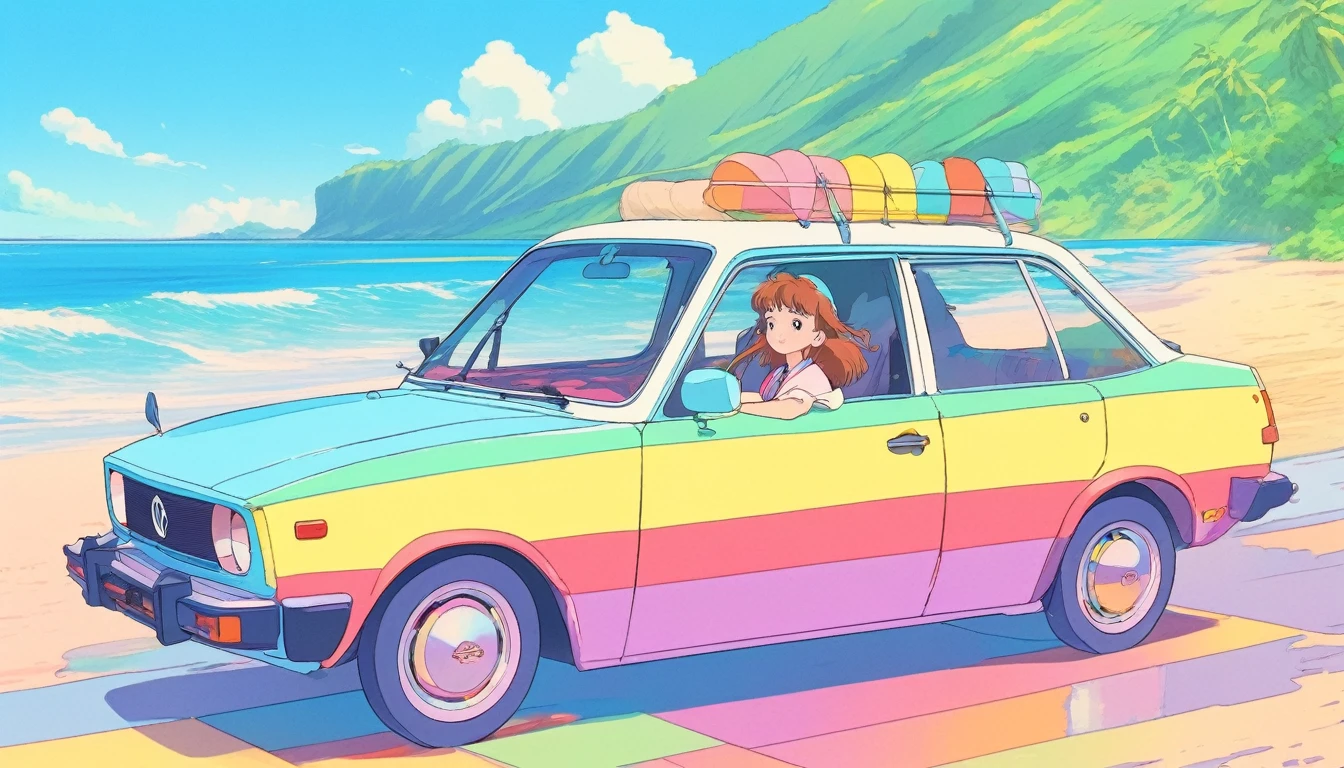 masterpiece, Highest quality, Rainbow Style, anime, A cute girl, - inspired, Riding in an open car, 80s American hippie style, Along the Hawaiian Coast, Cute and dreamy,anime,Illustrator,Lo-fi Girl,Studio Ghibli,Ghibli Style