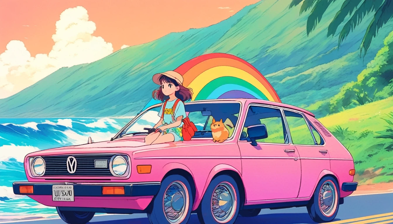 masterpiece, Highest quality, Rainbow Style, anime, A cute girl, - inspired, Riding in an open car, 80s American hippie style, Along the Hawaiian Coast, Cute and dreamy,anime,Illustrator,Lo-fi Girl,Studio Ghibli,Ghibli Style