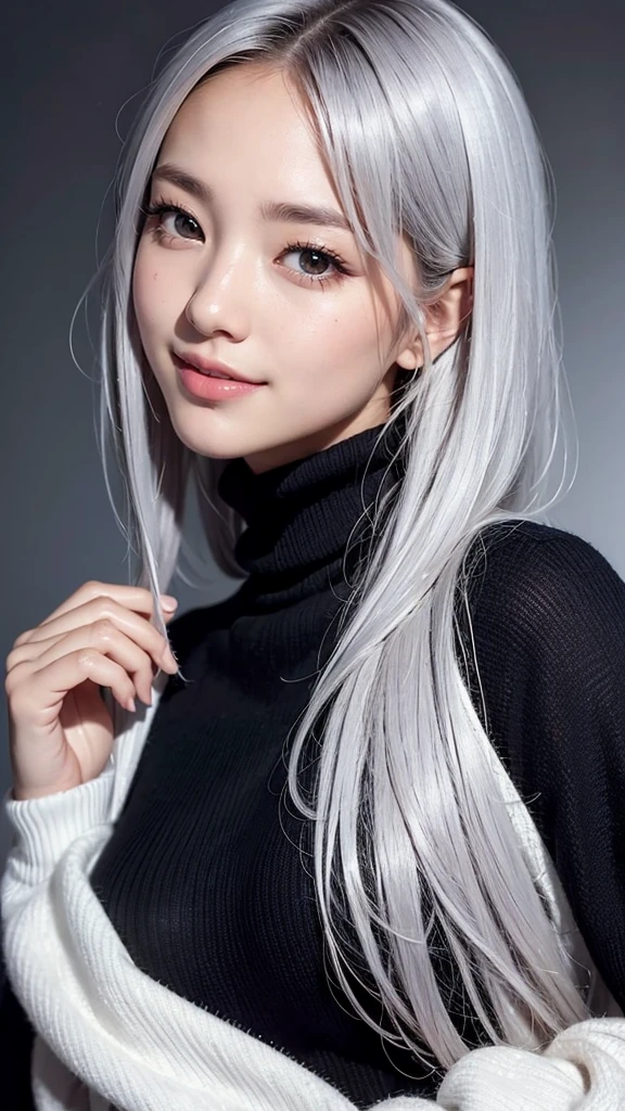 Realistic, masterpiece, highest quality, highest resolution, A portrait depicting only the upper body of a Japanese woman, A happy smile, slightly turned to the side, definitely looking at the audience, beautiful detailed eyes, black eyes, (hidden creased eyelids:1.2), thin eyebrows, Carefully draw eyelashes, natural makeup, middle hair, silver hair, detailed face, Black thick turtleneck sweater