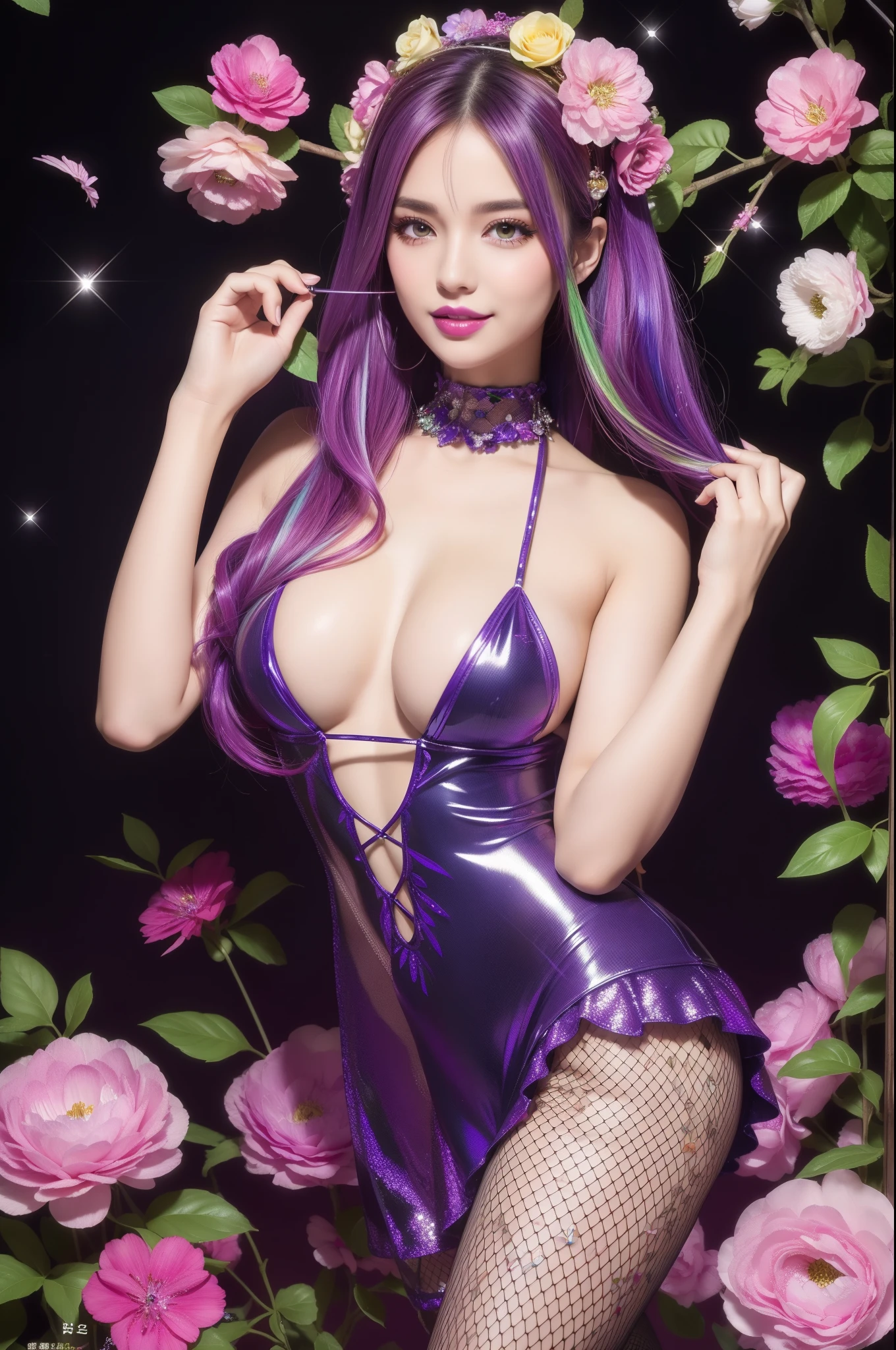 sexy Italian model who controls poison、beautiful smile、lipgloss、intense makeup、look at the camera、full body Esbian、、sparkling poisoned flower costume、、、、shiny sparkling multicolor hair、secrete poison、skull hair accessories、 fishnet tights、shiny sparkling flowers background