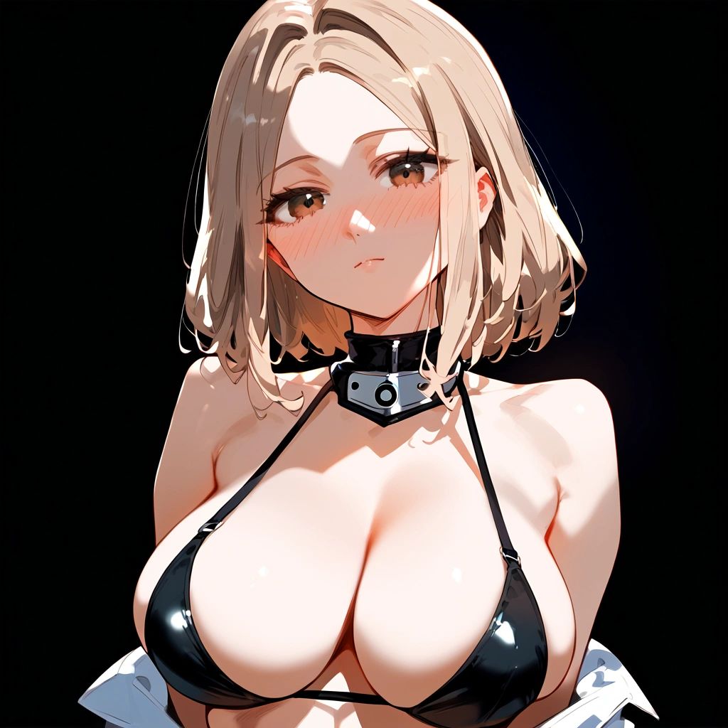 anime artwork, score_9, score_8_up, score_7_up, score_6_up, score_5_up, score_4_up, r,Camie Utsushimi, light brown hair, dark brown eyes,, breasts, , big breasts, , , , she is 24 years old, , ,horny, , , , style_3, ,, black background, blush, nose blush, black bikini, highleg bikini, dutch angle, solo