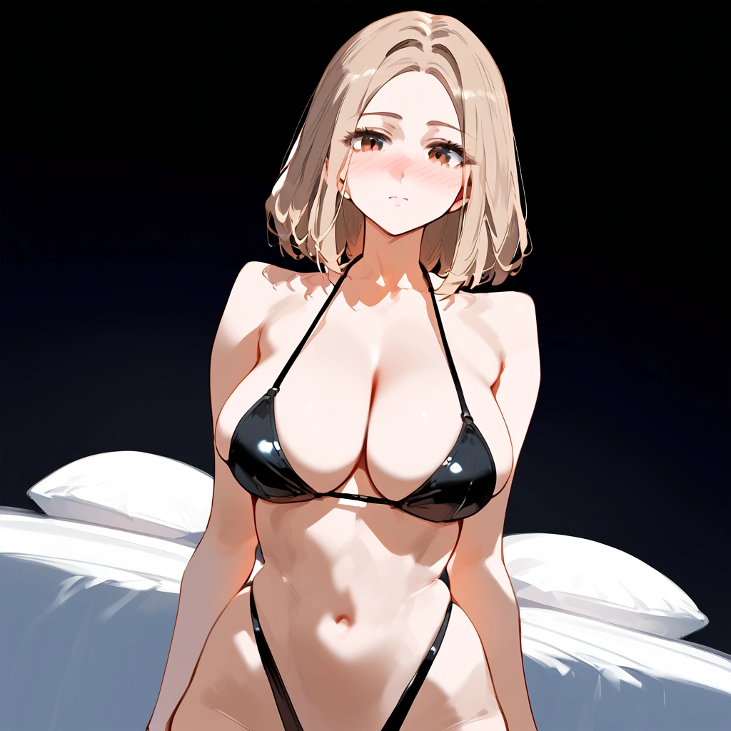 anime artwork, score_9, score_8_up, score_7_up, score_6_up, score_5_up, score_4_up, r,Camie Utsushimi, light brown hair, dark brown eyes,, breasts, , big breasts, , , , she is 24 years old, , ,horny, , , , style_3, ,, black background, blush, nose blush, black bikini, highleg bikini, dutch angle, solo