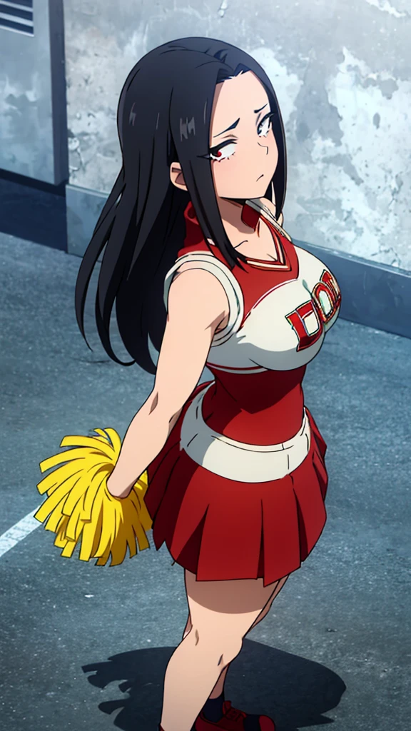 Yaoyorozu , standing , pov from top , big eyes , beautiful face , eyelashes , hot , cheerleader outfit , my hero academia style , big round breasts , sexy , thighs , anime style , cell shading , revealing thighs , side view , lifted skirt , sexy ass