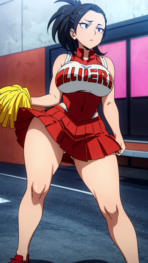 Yaoyorozu , standing , pov from top , big eyes , beautiful face , eyelashes , hot , cheerleader outfit , my hero academia style , big round breasts , sexy , thighs , anime style , cell shading , revealing thighs , side view , lifted skirt , sexy ass