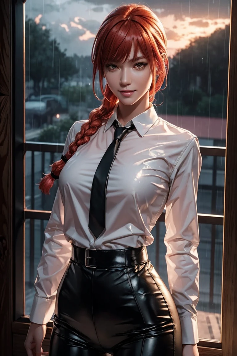 Chainsaw Man,Makima,With bangs,Red Hair,Braids at the back,Golden Eyes,White long sleeve shirt,Black tie,Black Leather Pants,Ultra HD,super high quality,masterpiece,Digital SLR,Photorealistic,Detailed details,Vivid details,Depicted in detail,A detailed face,Detailed details,Super Detail,Realistic skin texture,Anatomical basis,Perfect Anatomy,Anatomically correct hand,Anatomically correct fingers,Complex 3D rendering,Sexy pose,Rainy Sky,Beautiful scenery,Fantastic rainy sky,Picturesque,Pink Lips,smile,