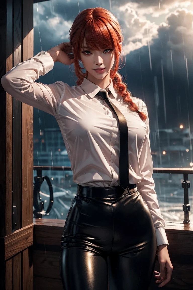 Chainsaw Man,Makima,With bangs,Red Hair,Braids at the back,Golden Eyes,White long sleeve shirt,Black tie,Black Leather Pants,Ultra HD,super high quality,masterpiece,Digital SLR,Photorealistic,Detailed details,Vivid details,Depicted in detail,A detailed face,Detailed details,Super Detail,Realistic skin texture,Anatomical basis,Perfect Anatomy,Anatomically correct hand,Anatomically correct fingers,Complex 3D rendering,Sexy pose,Rainy Sky,Beautiful scenery,Fantastic rainy sky,Picturesque,Pink Lips,smile,