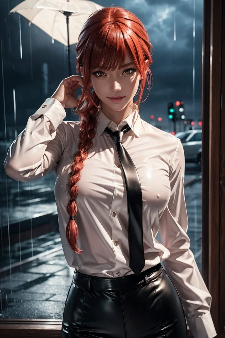 Chainsaw Man,Makima,With bangs,Red Hair,Braids at the back,Golden Eyes,White long sleeve shirt,Black tie,Black Leather Pants,Ultra HD,super high quality,masterpiece,Digital SLR,Photorealistic,Detailed details,Vivid details,Depicted in detail,A detailed face,Detailed details,Super Detail,Realistic skin texture,Anatomical basis,Perfect Anatomy,Anatomically correct hand,Anatomically correct fingers,Complex 3D rendering,Sexy pose,Rainy Sky,Beautiful scenery,Fantastic rainy sky,Picturesque,Pink Lips,smile,