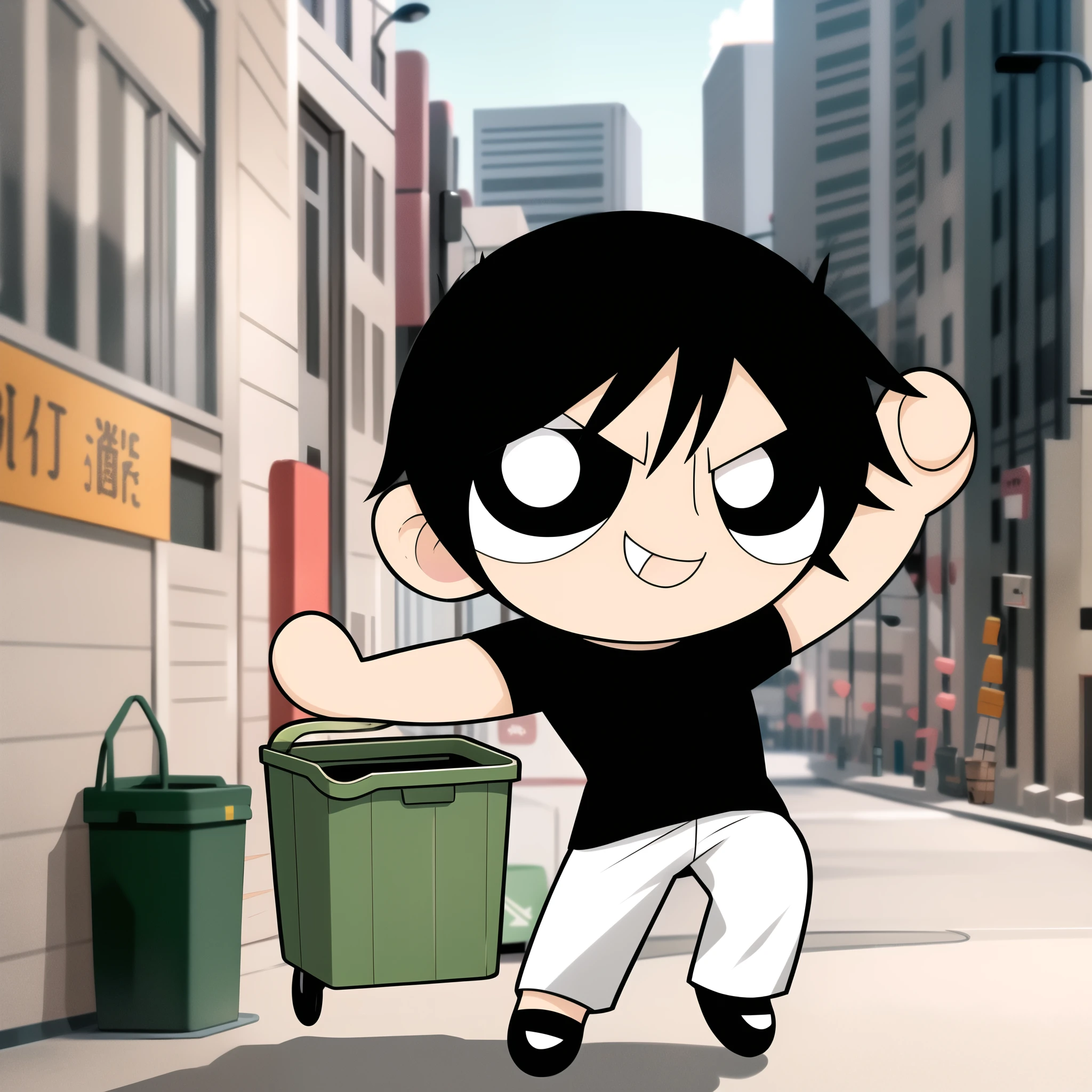 ushiguro toji, muscular male, black shirt, short sleeves, pants, cute smile, full body, chibi, black hair, rubbish bin background, (((Solo)))