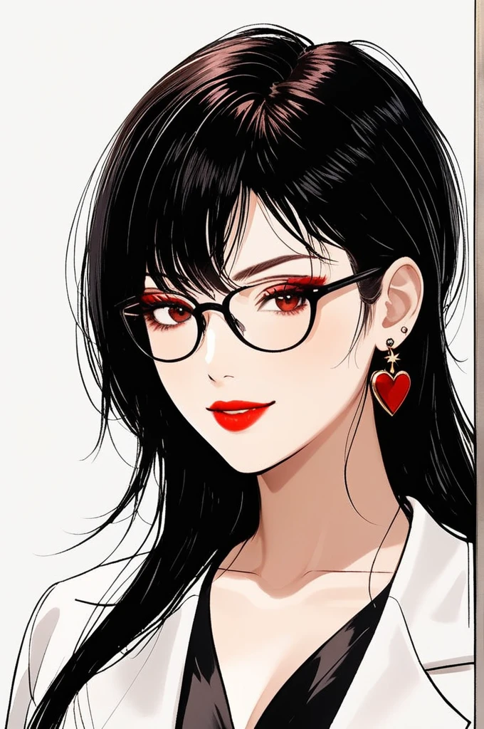 One woman ,wolf cut hairstyle ,red lipstick,black glasses,sharp jawline,face makeup,mole under right eye, heart earrings ,dark red eyes,black crop top,black pants,white jacket , smiling 