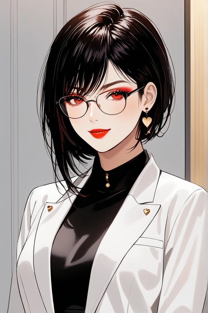 One woman ,wolf cut hairstyle ,red lipstick,black glasses,sharp jawline,face makeup,mole under right eye, heart earrings ,dark red eyes,black crop top,black pants,white jacket , smiling 