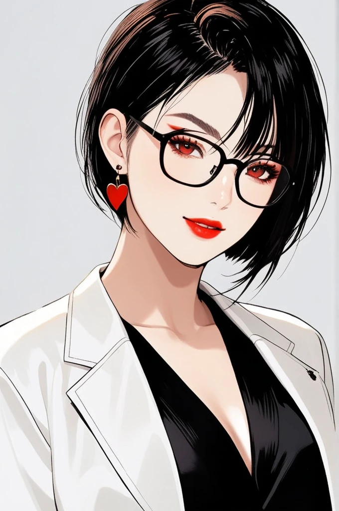 One woman ,wolf cut hairstyle ,red lipstick,black glasses,sharp jawline,face makeup,mole under right eye, heart earrings ,dark red eyes,black crop top,black pants,white jacket , smiling