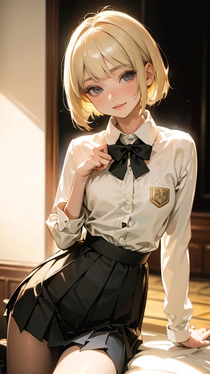 Best quality,Masterpiece,Realistic,fine quality products,delicate detailed picture,gyaru,slim,blonde bobcut hair,very small breasts,shirt,pleated skirt,looking happy