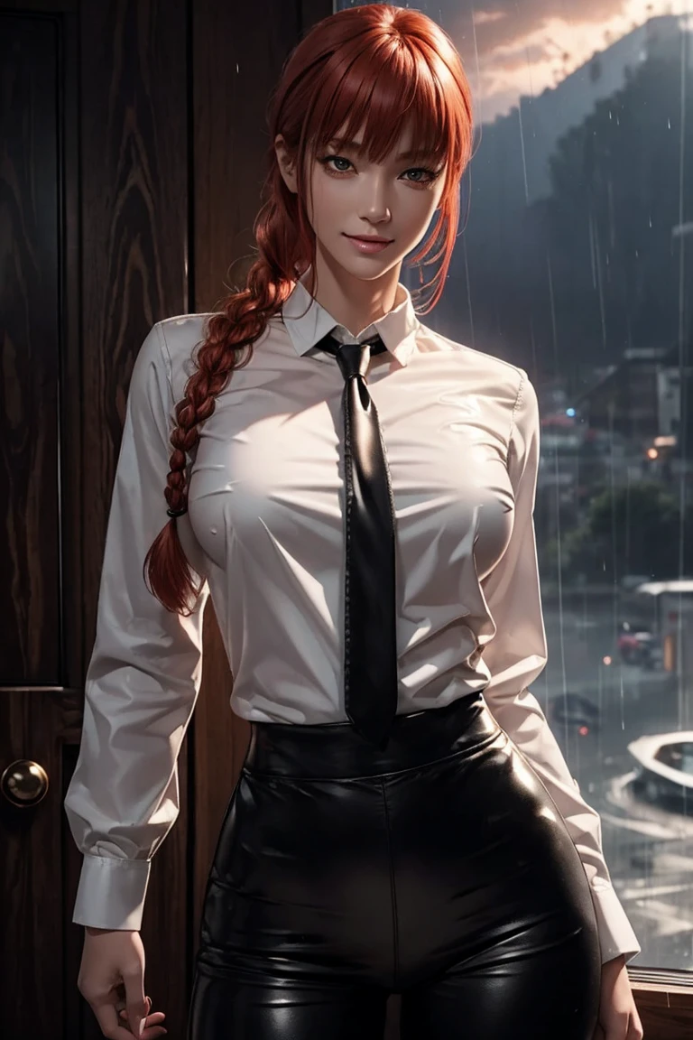 Chainsaw Man,Makima,With bangs,Red Hair,Braids at the back,Golden Eyes,White long sleeve shirt,Black tie,Black Leather Pants,Ultra HD,super high quality,masterpiece,Digital SLR,Photorealistic,Detailed details,Vivid details,Depicted in detail,A detailed face,Detailed details,Super Detail,Realistic skin texture,Anatomical basis,Perfect Anatomy,Anatomically correct hand,Anatomically correct fingers,Complex 3D rendering,Sexy pose,Rainy Sky,Beautiful scenery,Fantastic rainy sky,Picturesque,Pink Lips,smile,
