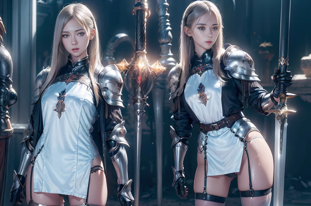 Top quality, masterpiece, very high resolution, (photorealistic: 1.4), Raw photo, 2 girls, long straight blond hair cut in a bob, light blue eyes, (beautiful breasts)、shiny skin、(( (beautiful detailed European faces)))、With a beautiful sword and shield、gorgeous and resplendent luminous girls,(Beautiful silver sexy armor、(((Random straight hair))),(((beautiful legs))), (proportionate breasts ), Seductive look, ((Background of beautiful decaying dungeon ruins)), (Ultimate beauty), (Detailed and realistic beauty face), ((see pantie)), ((apparent pussy)), (Small LED), ((Super realistic details)), portlate, global lighting, Shadow, octane rendering, 8k, ultra-sharp, exposed raw skin in neckline, metals, Intricate ornament details, very intricate details, Lightweight and realistic (Mystical expression), CGSoation trend, bright eyes, Facing the camera), Gundam, Small LED.