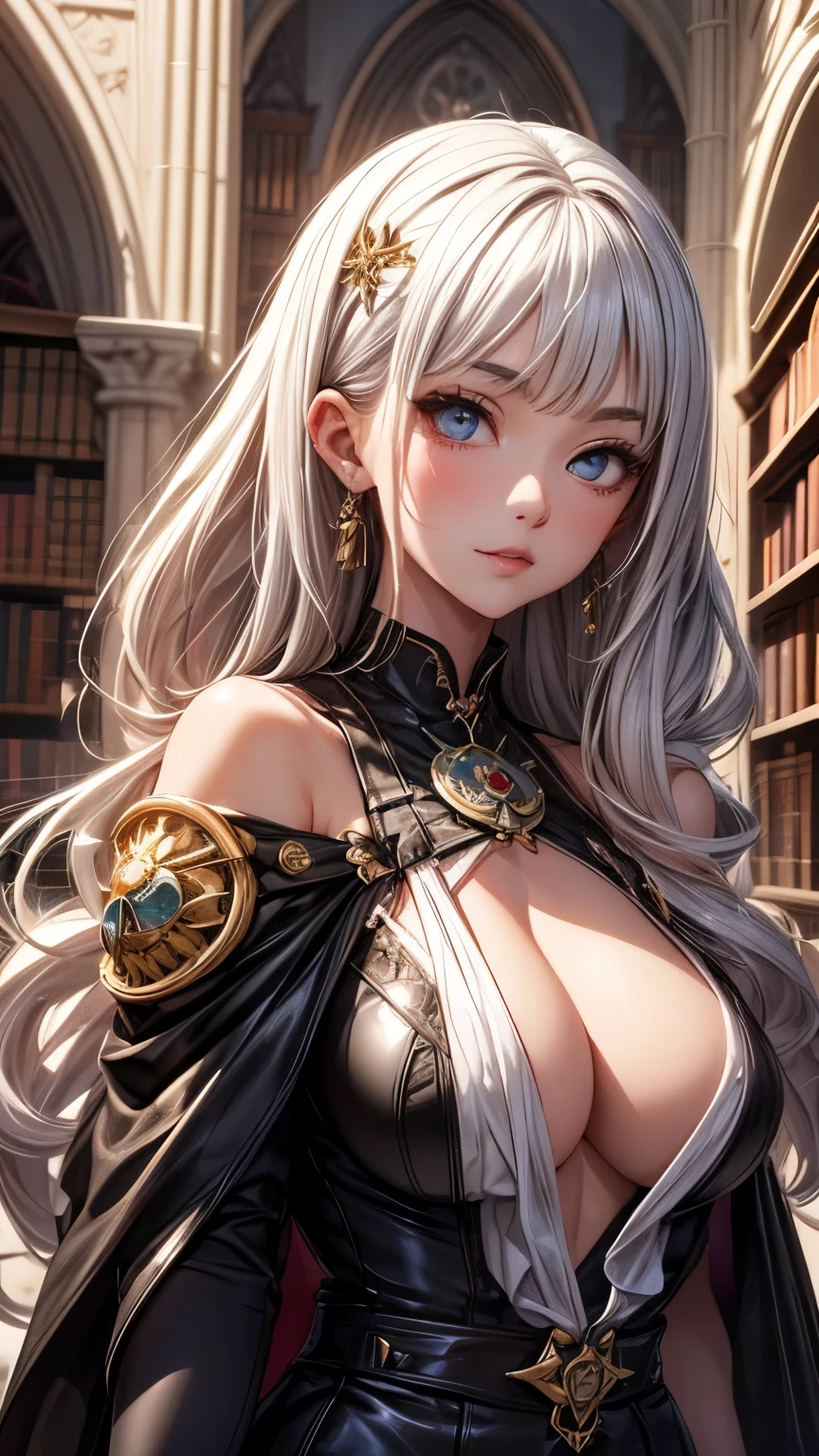 Highest quality, Super quality, 16K, Incredibly absurd, Very detailed, 2.5D, delicate and dynamic, cathedral, library, machine, , Small face, Extremely delicate facial expression, Delicate eye depiction, Extremely detailed hair, Upper body close-up, erotic, sole sexy Japanese lady, healthy shaped body, 22 years old lady, Wizard, huge firm bouncing busts, white silver long hair, sexy long legs, Glowing Skin, , ゴシック風の派手なWizardのコスチューム, brown tight skirt, black leather long boots, With an owl on your shoulder