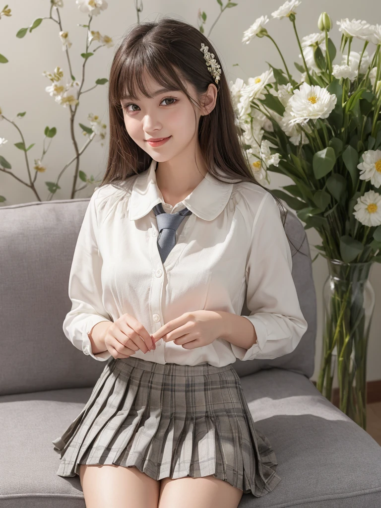 (1woman), (round eyes:1.2), (highly detailed face and eyes), refreshing smile, Amazing face and eyes, (school uniform, pleated skirt:1.3), (Best Quality:1.4), (Ultra-detailed), (extremely detailed CG unified 8k wallpaper), Highly detailed, High-definition raw color photos, Professional Photography, Realistic portrait, indoors, summer, (casual room, cute wallpapers:1.3), (Surrounded by lots of cute fresh flowers. Inside a photo studio, cute sofa:1.3), depth of fields, (fine face:1.2),