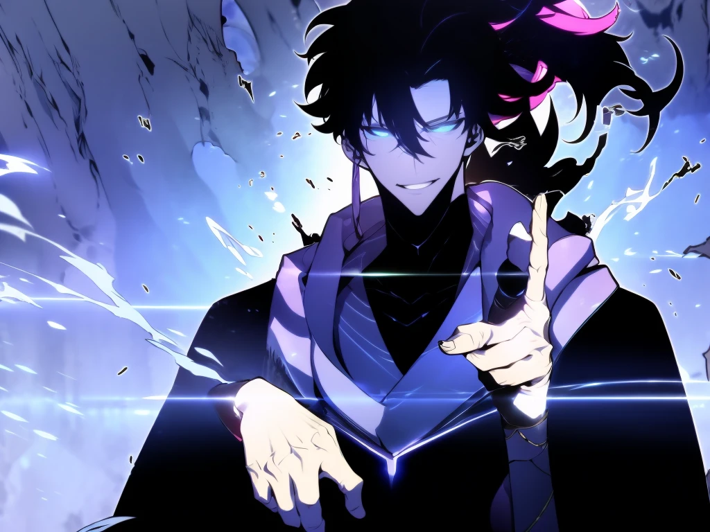 A man in fantasy black clothes, wild Black hair, hands up, wild hair in a ponytail, white blue eyes, scar on the nose, scary smile, black scarf, black pancho, pefect hands, intense colors, 4k, un-zoom, intricate pencil sketch, perfect Anatomy