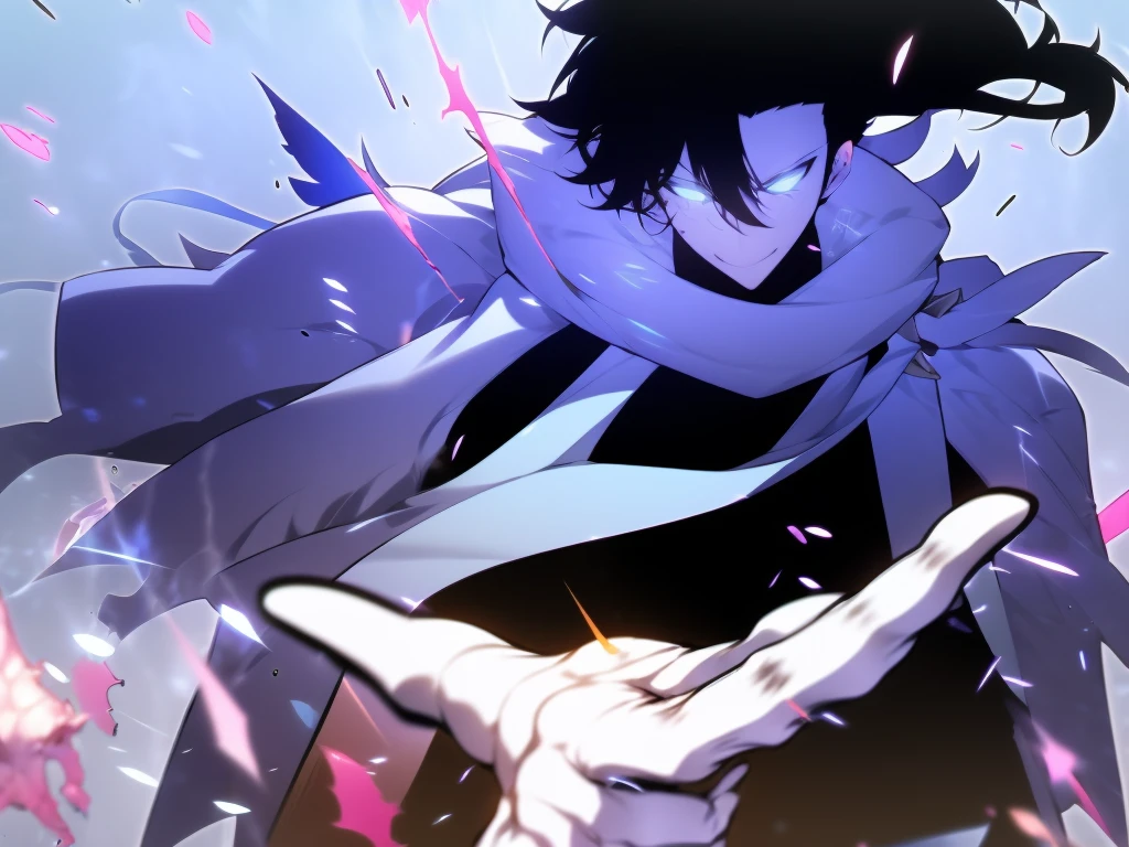 A man in fantasy black clothes, wild Black hair, hands up, wild hair in a ponytail, white blue eyes, scar on the nose, scary smile, black scarf, black pancho, pefect hands, intense colors, 4k, un-zoom, intricate pencil sketch, perfect Anatomy