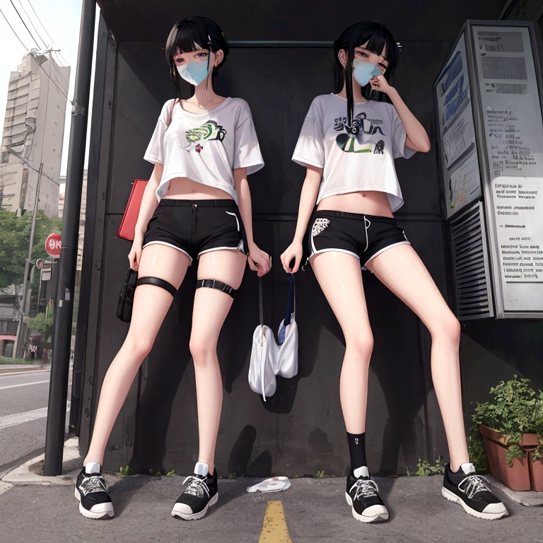 Masterpiece, beautiful slender girl, multiple girls, bus stop, unzipped shorts, pussy peek, pussy, no panties, sweat, sweatdrop, t-shirt, midriff, pussy juice, blushing, bare legs, slim, full body, sneakers, embarrassed, scared, hiding, covering mouth, thigh strap, vibrator, small breasts, peeing, pee, pee puddle, peeing, squirting, pussy juice, pee dripping down leg, pee on shoes, pee stain