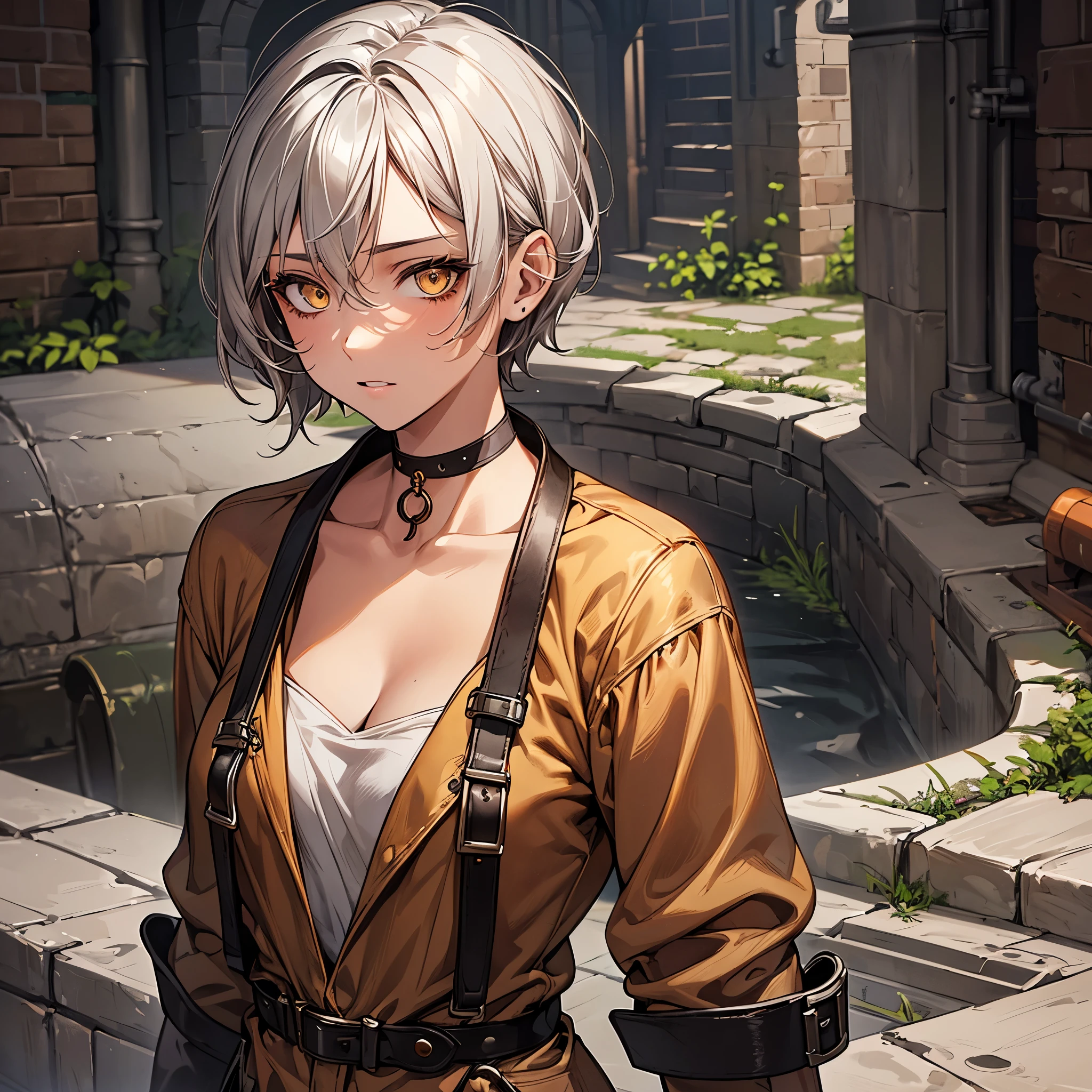 masterpiece, Highest quality, Perfect Face, Highest Resolution, Highest quality,Detailed depiction of the eyes, 1 girl, young, deep tan skin, slate gray hair, short hair, upturned eyes, Yellow Orange eyes, Perfect Anatomy, steampunk, ribbon choker, coveralls, undercity Brick Sewer pipes,