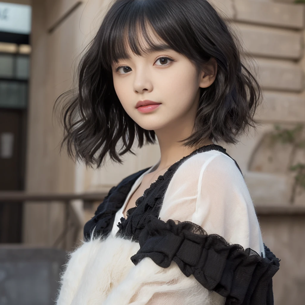 (Highest quality, Very detailed, masterpiece:1.2), 1 women, Very thin body, length, Thin legs, ((Black wavy short hair:1.2)), ((Thick and fluffy bangs)), Very detailedな顔,A faint smile, small, Thin Nose, small thin mouth, Extremely sharply focused eyes, Japanese, Beautiful Face, Realistic eyes, Beautiful and beautiful eyes, Realistic Skin, Beautiful Skin, charm, (A vivid face), Beautiful Hairstyles,((Over Size Tシャツ),((脇を見せる,腕を上げる)),Creepy and unique hairstyles,下からのアングル, High resolution, Vibrant color palette, Mysterious and mysterious stone wall, Amazing place,Characteristic dark shadows and strange details, background, Backwards