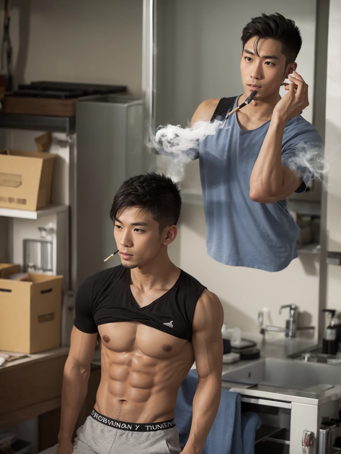 A slim, muscular, handsome Asian man smoking a cigarette throwing cigarette buts