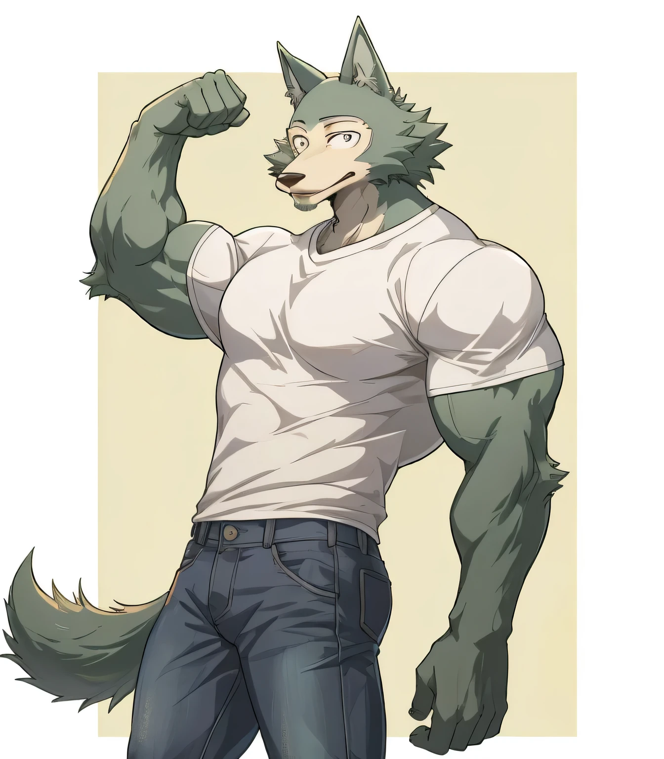 Legoshi, beastars, muscular, body-builder, lobo, the second, large pectorals, venous muscles, Huge muscles, thin waist, tight black t-shirt, flexing, wearing jeans, smiling