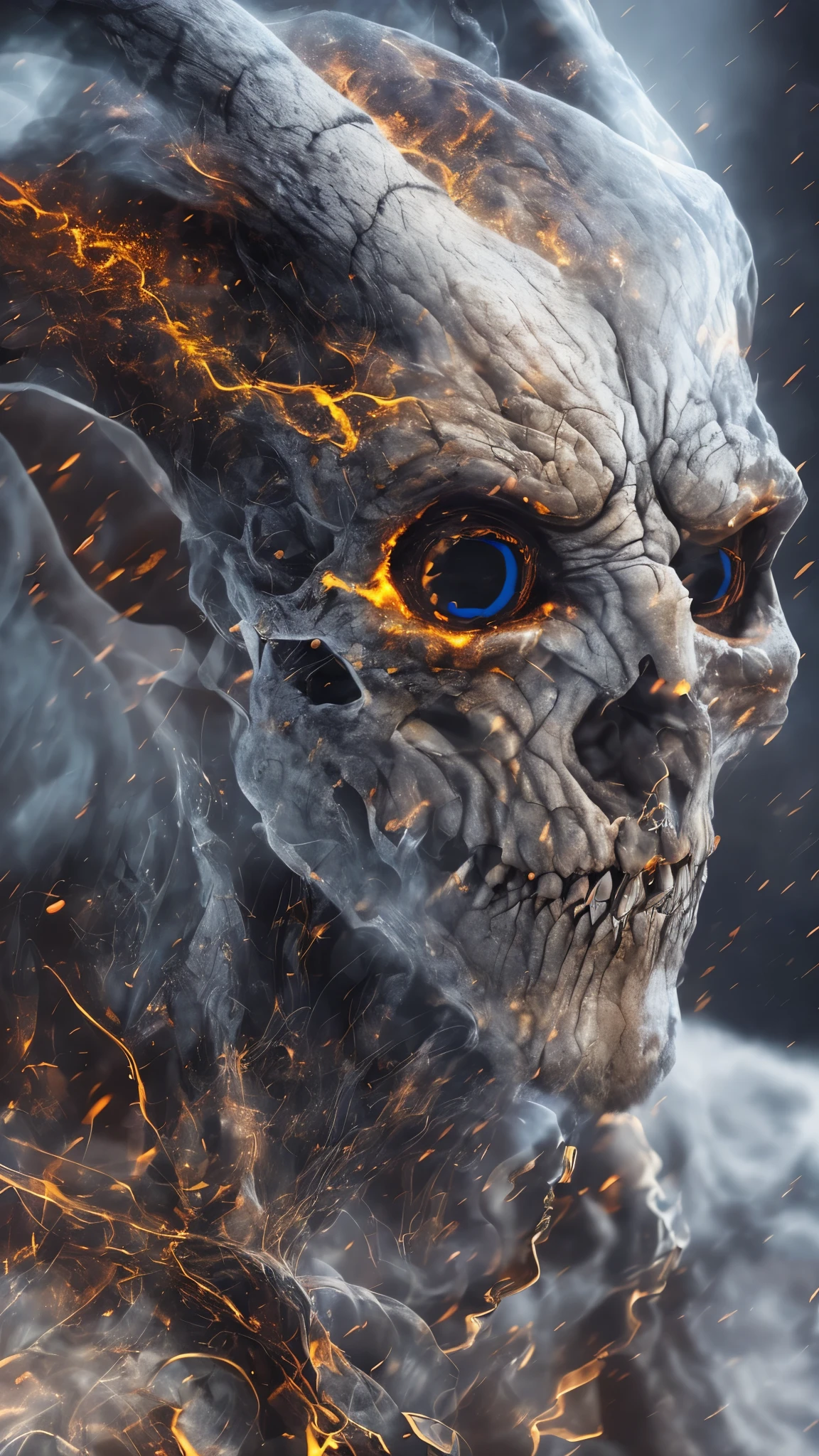 a completely white demonic creature, men monster, large multicolored eyes, bald head, skull covered with small horns, (best quality,4k,8k,highres,masterpiece:1.2),ultra-detailed,(realistic,photorealistic,photo-realistic:1.37),HDR,UHD,studio lighting,ultra-fine painting,sharp focus,physically-based rendering,extreme detail description,professional,vivid colors,bokeh,dynamic point of view,cinematographic scene,highlighted character,backlight effects,mystical character,multicolored cracks on the skin,character seen in full