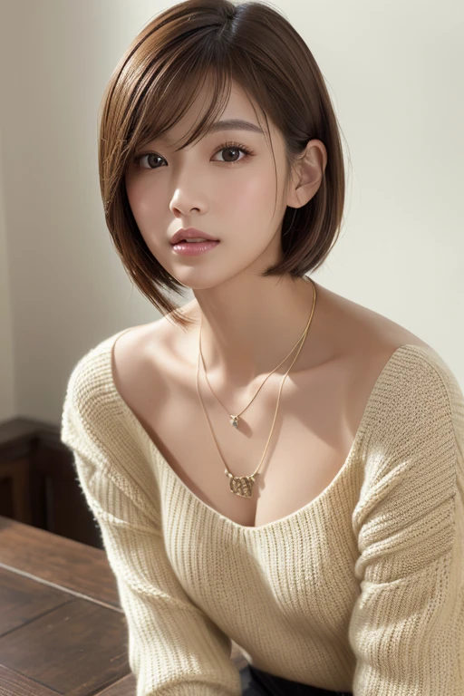 ((Tabletop,Highest quality)), (Like the picture:1.4),((Tabletop,8K))、White wall、(White Room)、((Full body photo))、Photographed in natural light、Highly detailed face and skin texture、Highly detailed lips、The correct state of the human body、Ultra-high resolution、(Photorealistic:1.4)、Highest quality, One beautiful woman, 28 years old, s, 250mm lens、Light Yellow Knit、(Dark brown medium short hair)、Japanese women、(Dark brown hair)、Various poses、Looking into the camera、Natural color lip、Winter clothes、 necklace、indoor