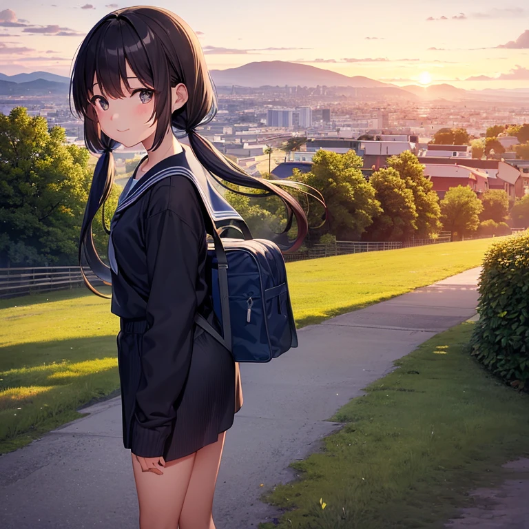 best quality, detailed, masterpiece, 1 girl, standing, gentle smile, 15yo, (low twintails:1.4), low pigtails, black hair, long hair, (navy blue sailor suit with blue ribbon:1.2), long sleeves, (dark brown eyes), (school bag), BREAK, from the front, from few above, POV, alone, (steep downhill), long hill straight road to the back, electric pole, electric cable, hill city, housing, cityscape, sea in the distance, nice view, 15 o'clock, orange sky, animation