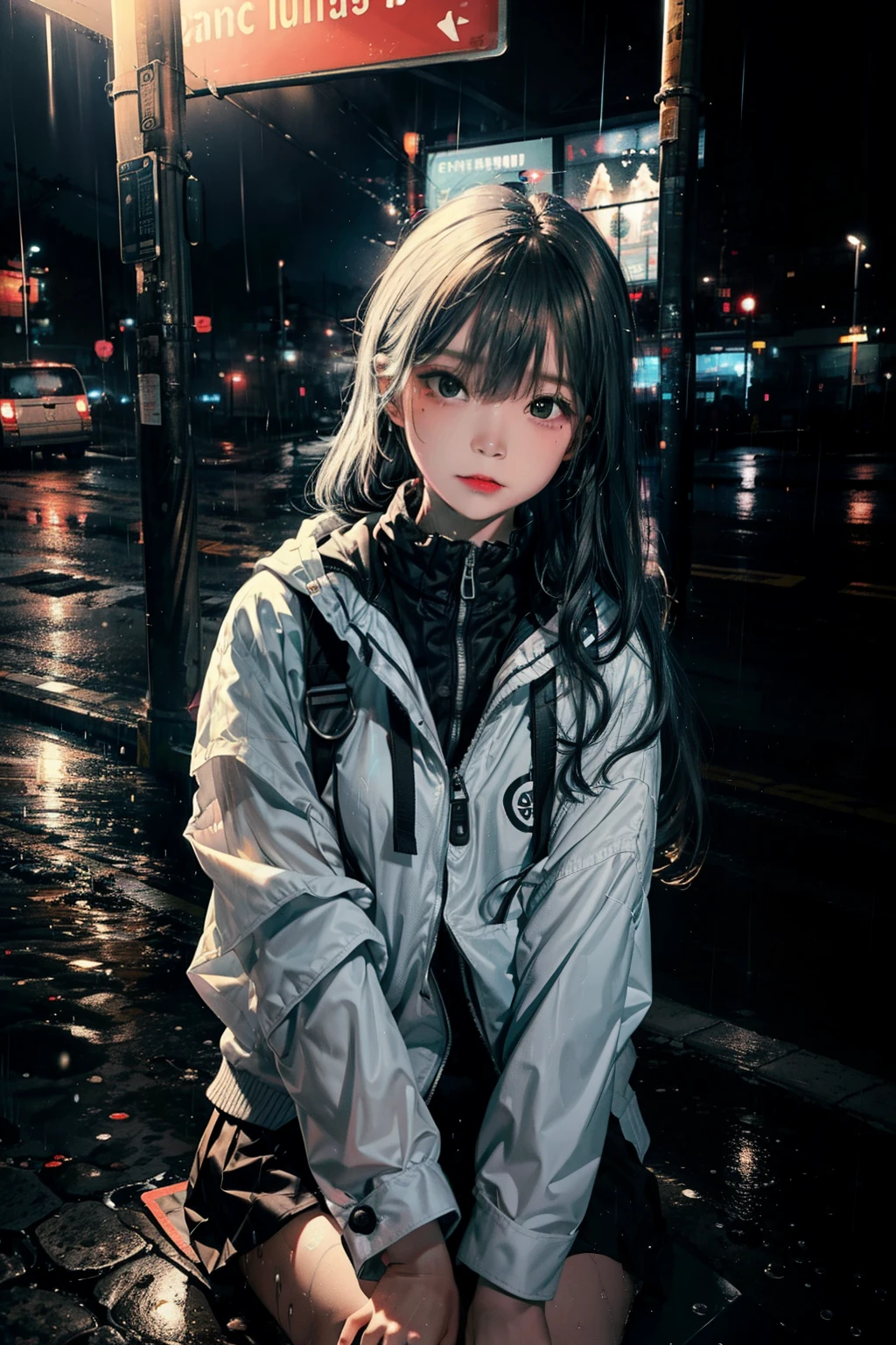 Create an image of a young girl sitting alone at a bus stop on a rainy, foggy evening. The glow from the bus stop light barely cuts through the thick fog, casting long shadows on the wet pavement. Raindrops fall gently around her, creating a rhythmic patter as they hit the metal roof of the bus stop.

She’s huddled in her jacket, her body language suggesting a sense of loneliness and melancholy. Her gaze is distant, lost in the foggy expanse, as if waiting for something more than just a bus. The city lights in the background are blurred, their glow diffused by the rain and fog, adding to the somber mood of the scene.

Despite the gloomy weather, there’s a certain beauty to the scene - a poignant depiction of solitude and introspection amidst the hustle and bustle of city life
((best quality)), ((masterpiece)), (detailed), 1girl, umbrella