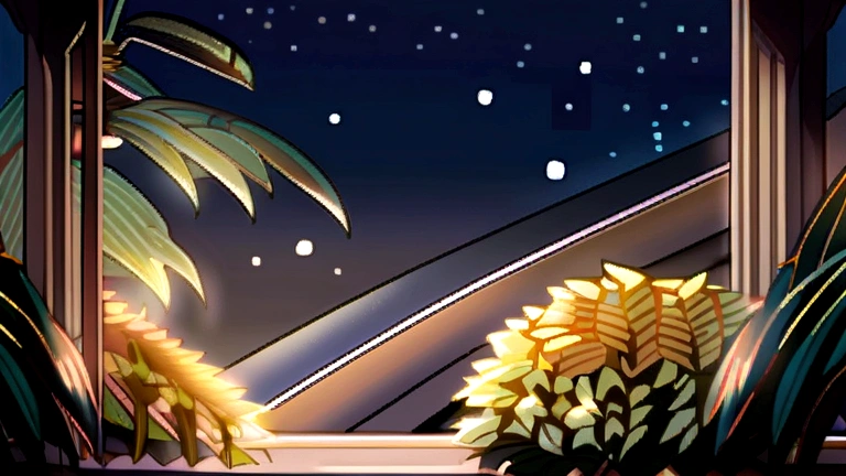 Night view from the balcony Warm color fairy lights Foliage plant Starry Sky