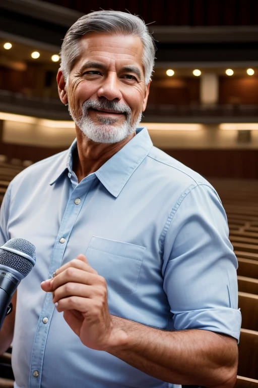 handsome male 60 years old, brushback hair wearing a casual clothes preaching with microphone highlights with Men Wedding Ring detailed, auditorium hall talking with a young people hiquality, with a ring, hazel eyes, hyper-realistic, speaking happy, Realism, Canon, Nikon, 85mm, HD, 4K, best quality, high details, texture